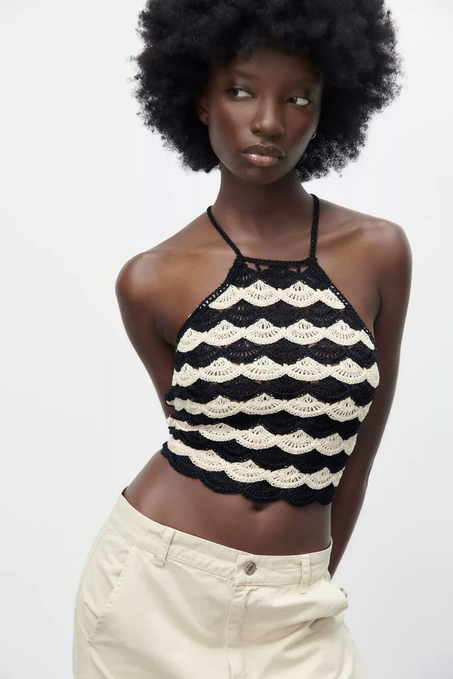 Zara Black Cream Crochet Sleeveless Knit Square Neck Strappy Crop Tank Top Sz S